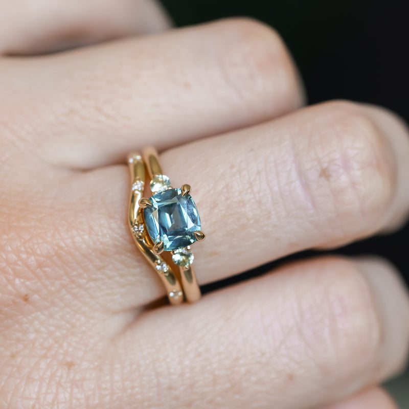 2.17ct Antique Style Unheated Cushion Cut Montana Sapphire Dainty Three Stone Ring in 14k Yellow Gold