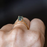 2.16ct Emerald Cut Blue Madagascar Sapphire and Diamond Vintage Cathedral Four Prong Ring in 14k Yellow Gold