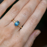 2.16ct Emerald Cut Blue Madagascar Sapphire and Diamond Vintage Cathedral Four Prong Ring in 14k Yellow Gold