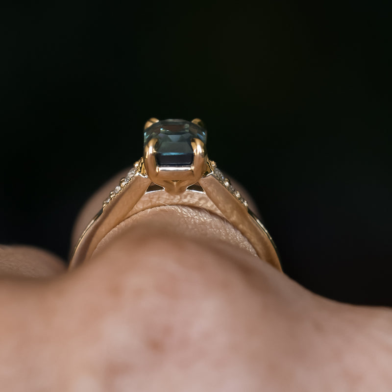 2.16ct Emerald Cut Blue Madagascar Sapphire and Diamond Vintage Cathedral Four Prong Ring in 14k Yellow Gold