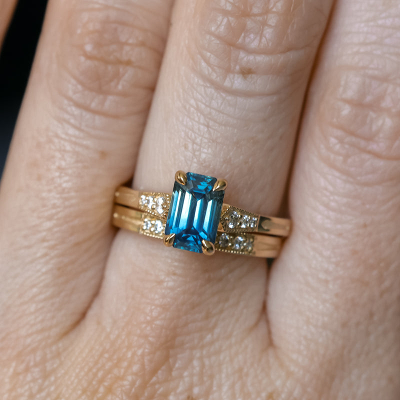 2.16ct Emerald Cut Blue Madagascar Sapphire and Diamond Vintage Cathedral Four Prong Ring in 14k Yellow Gold