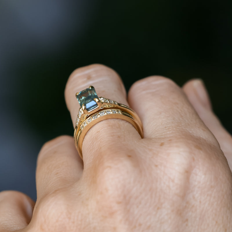 2.16ct Emerald Cut Blue Madagascar Sapphire and Diamond Vintage Cathedral Four Prong Ring in 14k Yellow Gold