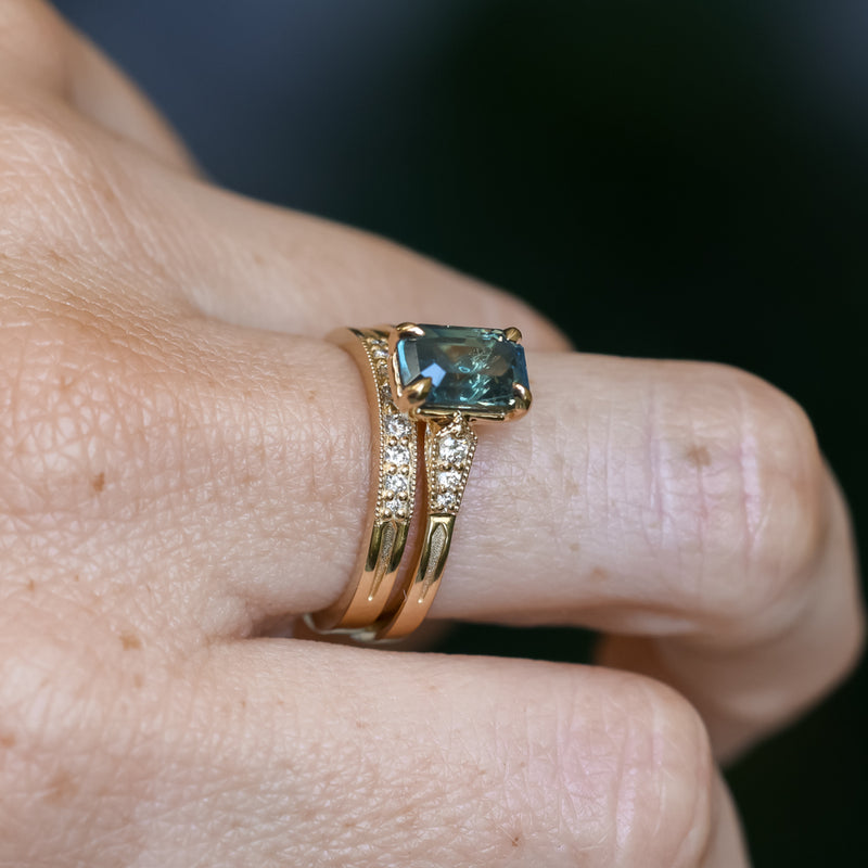 2.16ct Emerald Cut Blue Madagascar Sapphire and Diamond Vintage Cathedral Four Prong Ring in 14k Yellow Gold