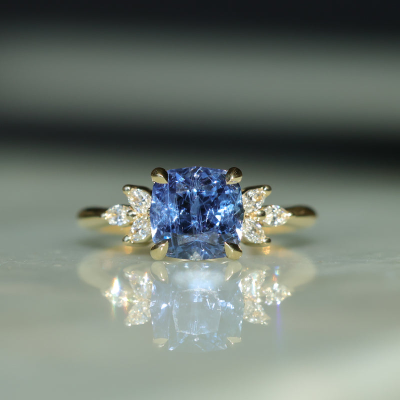 2.73ct Cushion Cut Moyo Sapphire and Marquise Diamond Cluster Ring in 18k Yellow Gold