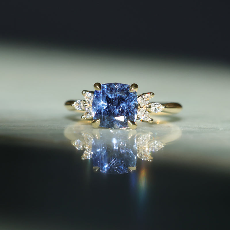 2.73ct Cushion Cut Moyo Sapphire and Marquise Diamond Cluster Ring in 18k Yellow Gold