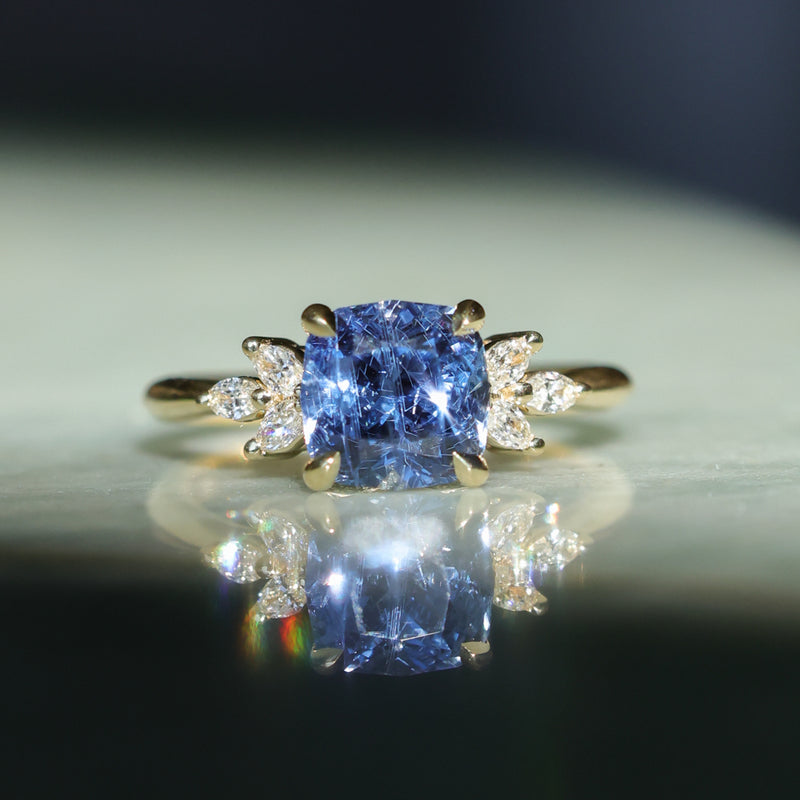 2.73ct Cushion Cut Moyo Sapphire and Marquise Diamond Cluster Ring in 18k Yellow Gold