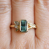 1.45ct Untreated Montana Sapphire Wandering Vine Low Profile Bezel Ring with Pear Diamond in 18k Yellow Gold