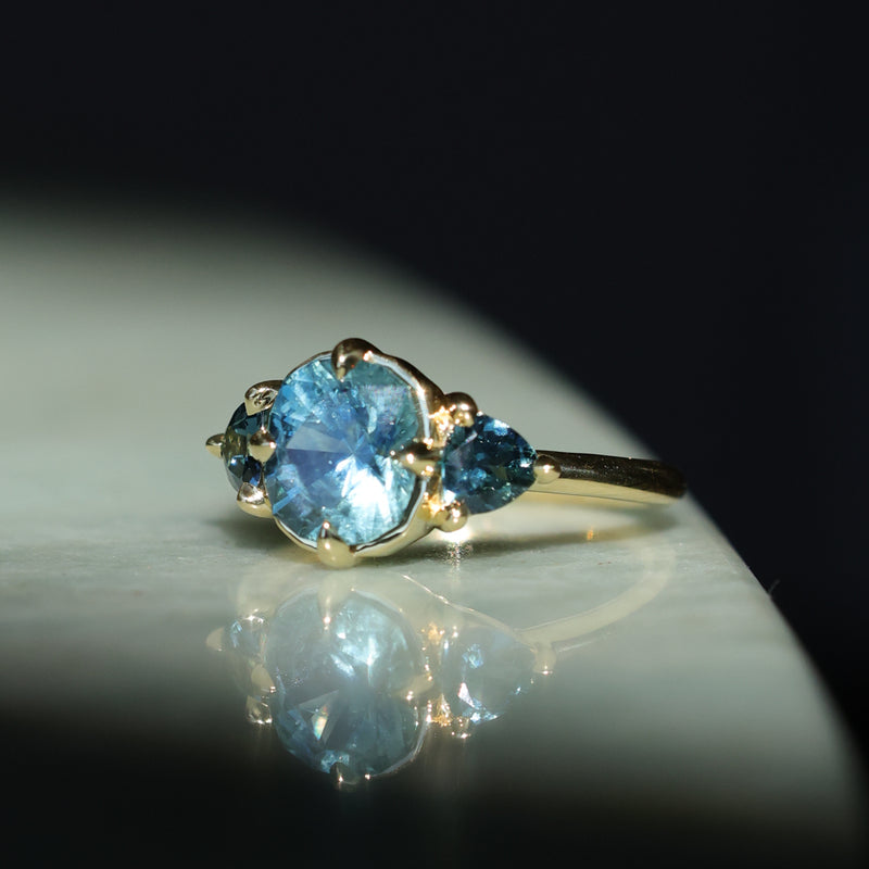 2.36ct Fancy Cushion Cut Montana Sapphire and Australian Sapphire Antique Compass Set Low Profile Ring in 18k Yellow Gold