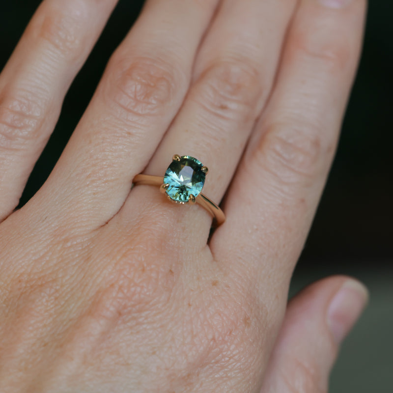 3.01ct Oval Unheated Madagascar Sapphire Hidden Halo Cathedral Solitaire in 14k Yellow Gold