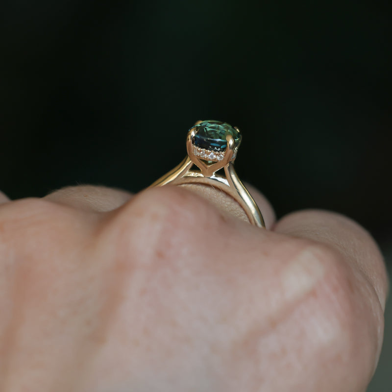 3.01ct Oval Unheated Madagascar Sapphire Hidden Halo Cathedral Solitaire in 14k Yellow Gold