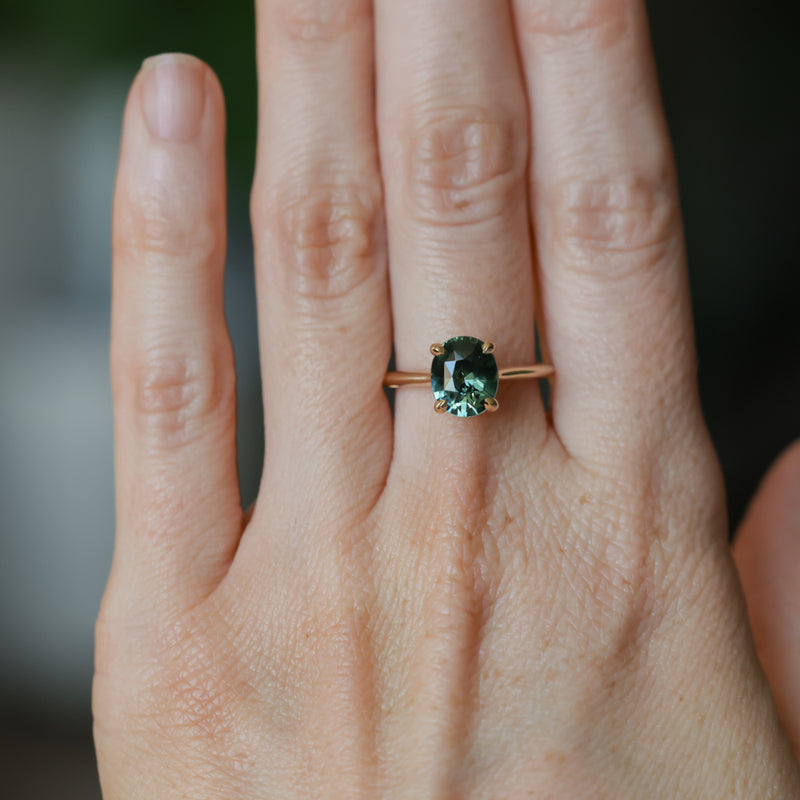 3.01ct Oval Unheated Madagascar Sapphire Hidden Halo Cathedral Solitaire in 14k Yellow Gold