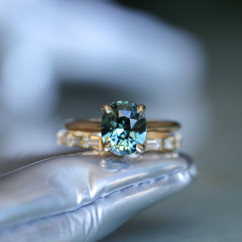 3.01ct Oval Unheated Madagascar Sapphire Hidden Halo Cathedral Solitaire in 14k Yellow Gold