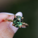 3.13ct Untreated Parti Green Oval Madagascar Sapphire Evergreen 4 Prong Carved Stackable Solitaire in 14k Yellow Gold