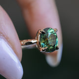 3.13ct Untreated Parti Green Oval Madagascar Sapphire Evergreen 4 Prong Carved Stackable Solitaire in 14k Yellow Gold