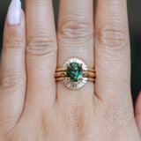 3.13ct Untreated Parti Green Oval Madagascar Sapphire Evergreen 4 Prong Carved Stackable Solitaire in 14k Yellow Gold