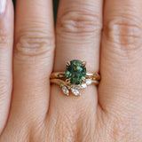 3.13ct Untreated Parti Green Oval Madagascar Sapphire Evergreen 4 Prong Carved Stackable Solitaire in 14k Yellow Gold