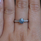 1.21ct Double Cut Montana Sapphire Four Prong Low Profile Vintage Style Milgrain and Diamond Ring in 14k White Gold