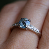 1.21ct Double Cut Montana Sapphire Four Prong Low Profile Vintage Style Milgrain and Diamond Ring in 14k White Gold