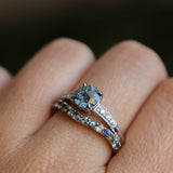 1.21ct Double Cut Montana Sapphire Four Prong Low Profile Vintage Style Milgrain and Diamond Ring in 14k White Gold