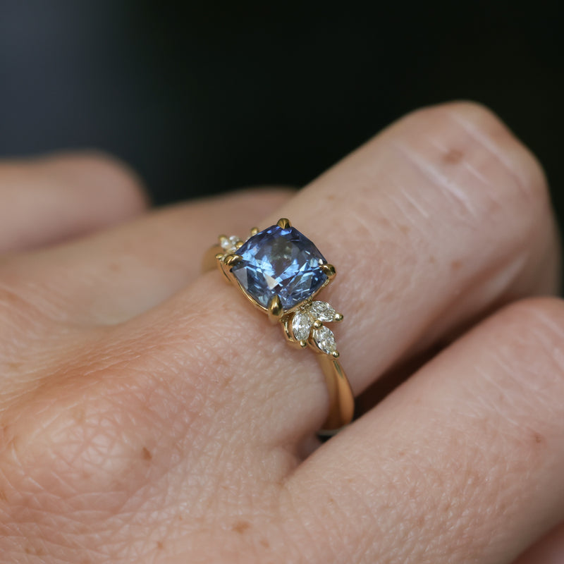 2.73ct Cushion Cut Moyo Sapphire and Marquise Diamond Cluster Ring in 18k Yellow Gold