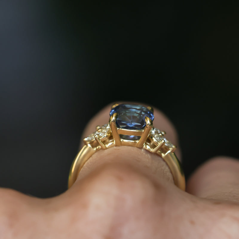 2.73ct Cushion Cut Moyo Sapphire and Marquise Diamond Cluster Ring in 18k Yellow Gold