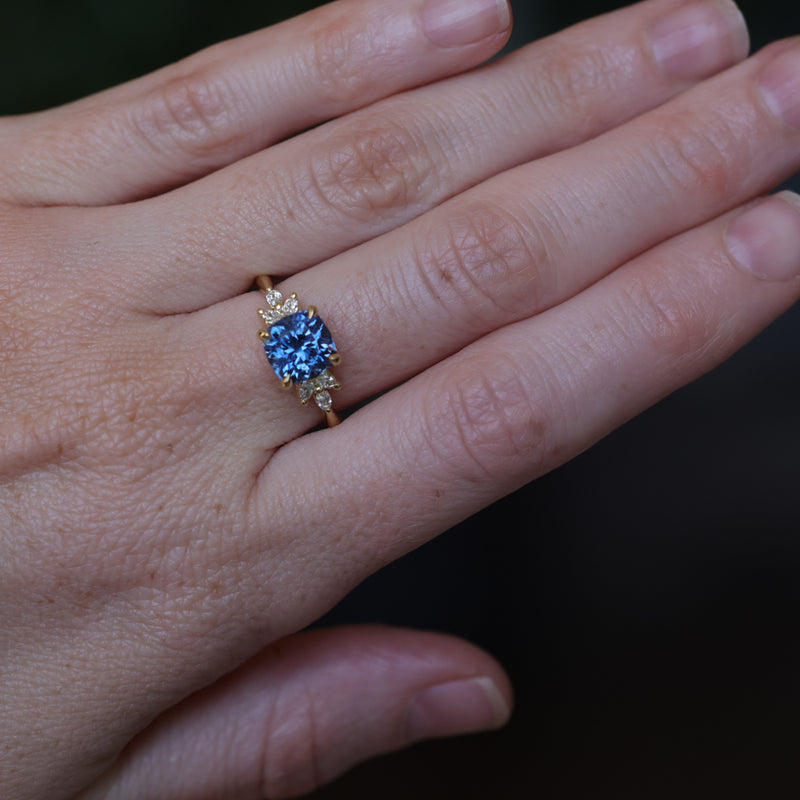 2.73ct Cushion Cut Moyo Sapphire and Marquise Diamond Cluster Ring in 18k Yellow Gold