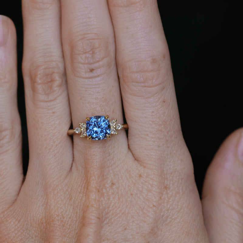 2.73ct Cushion Cut Moyo Sapphire and Marquise Diamond Cluster Ring in 18k Yellow Gold