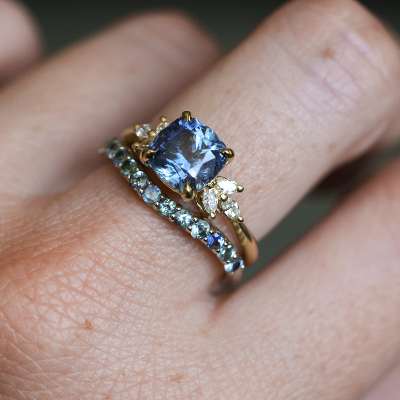 2.73ct Cushion Cut Moyo Sapphire and Marquise Diamond Cluster Ring in 18k Yellow Gold