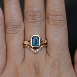 2.15ct Emerald Cut Madagascar Sapphire Wandering Vine Low Profile Bezel Split Shank Ring in 14k Yellow Gold