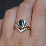 2.15ct Emerald Cut Madagascar Sapphire Wandering Vine Low Profile Bezel Split Shank Ring in 14k Yellow Gold