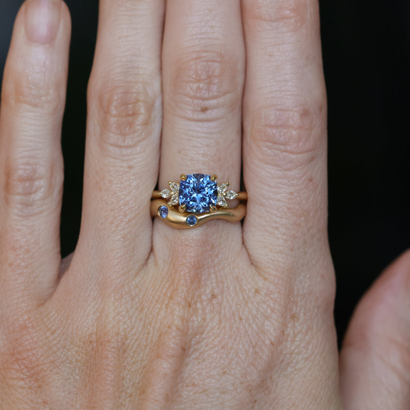 2.73ct Cushion Cut Moyo Sapphire and Marquise Diamond Cluster Ring in 18k Yellow Gold
