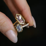 2.10ct Untreated Opalescent Radiant Cut Sapphire Low Profile Bezel Solitaire Ring with Pavé Set Diamonds in 14k Yellow Gold