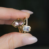 2.10ct Untreated Opalescent Radiant Cut Sapphire Low Profile Bezel Solitaire Ring with Pavé Set Diamonds in 14k Yellow Gold