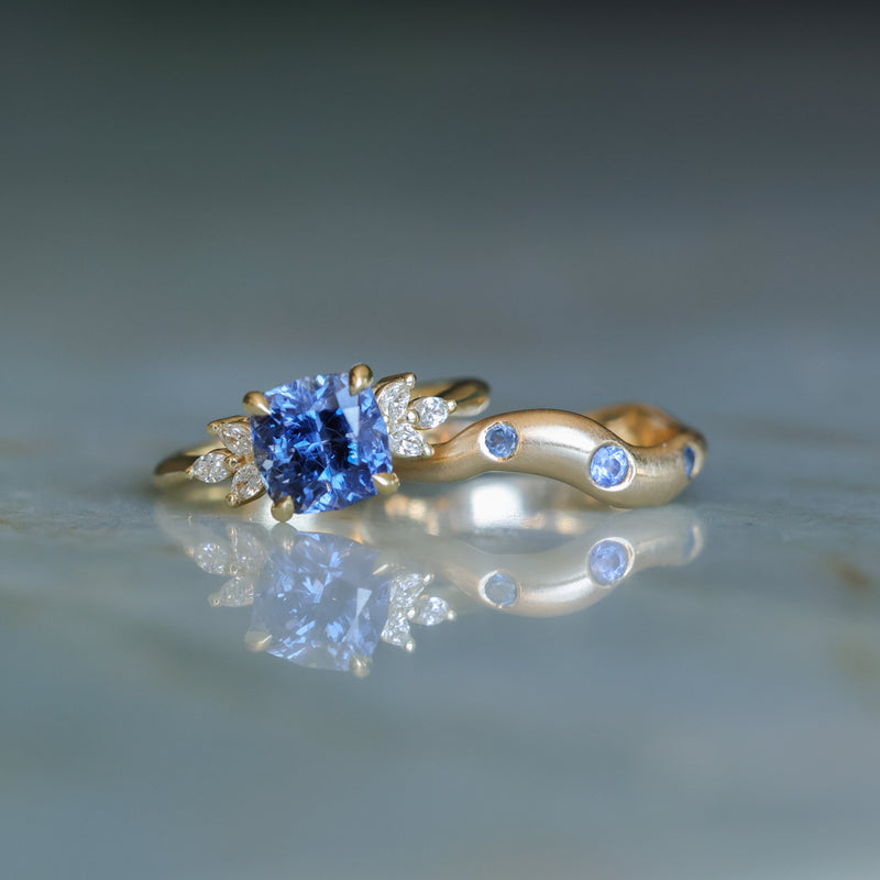 2.73ct Cushion Cut Moyo Sapphire and Marquise Diamond Cluster Ring in 18k Yellow Gold