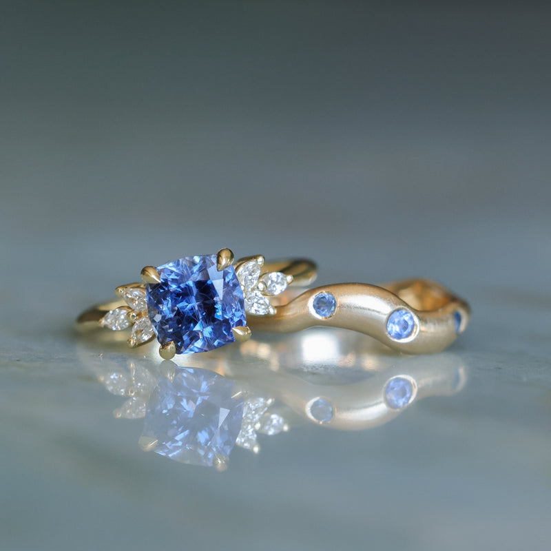 2.73ct Cushion Cut Moyo Sapphire and Marquise Diamond Cluster Ring in 18k Yellow Gold