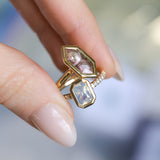 2.10ct Untreated Opalescent Radiant Cut Sapphire Low Profile Bezel Solitaire Ring with Pavé Set Diamonds in 14k Yellow Gold