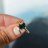 3.13ct Untreated Parti Green Oval Madagascar Sapphire Evergreen 4 Prong Carved Stackable Solitaire in 14k Yellow Gold