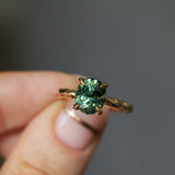 3.13ct Untreated Parti Green Oval Madagascar Sapphire Evergreen 4 Prong Carved Stackable Solitaire in 14k Yellow Gold
