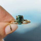 3.13ct Untreated Parti Green Oval Madagascar Sapphire Evergreen 4 Prong Carved Stackable Solitaire in 14k Yellow Gold