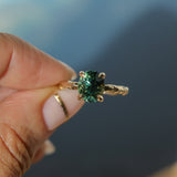3.13ct Untreated Parti Green Oval Madagascar Sapphire Evergreen 4 Prong Carved Stackable Solitaire in 14k Yellow Gold