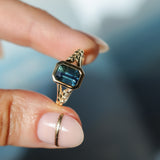 2.15ct Emerald Cut Madagascar Sapphire Wandering Vine Low Profile Bezel Split Shank Ring in 14k Yellow Gold