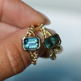 2.15ct Emerald Cut Madagascar Sapphire Wandering Vine Low Profile Bezel Split Shank Ring in 14k Yellow Gold