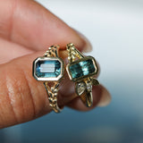 2.15ct Emerald Cut Madagascar Sapphire Wandering Vine Low Profile Bezel Split Shank Ring in 14k Yellow Gold