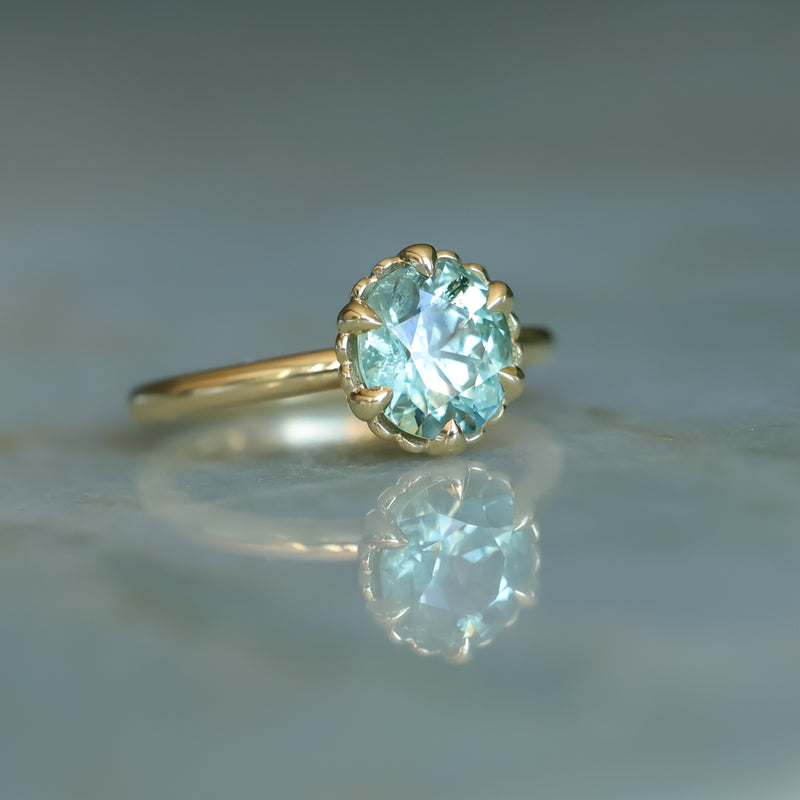 1.93ct Oval Silky Teal Montana Sapphire Scallop Cup Solitaire in 18k Yellow Gold