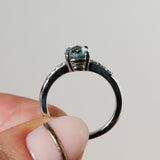 1.21ct Double Cut Montana Sapphire Four Prong Low Profile Vintage Style Milgrain and Diamond Ring in 14k White Gold