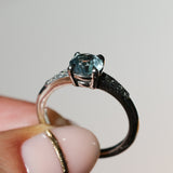 1.21ct Double Cut Montana Sapphire Four Prong Low Profile Vintage Style Milgrain and Diamond Ring in 14k White Gold