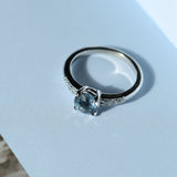 1.21ct Double Cut Montana Sapphire Four Prong Low Profile Vintage Style Milgrain and Diamond Ring in 14k White Gold