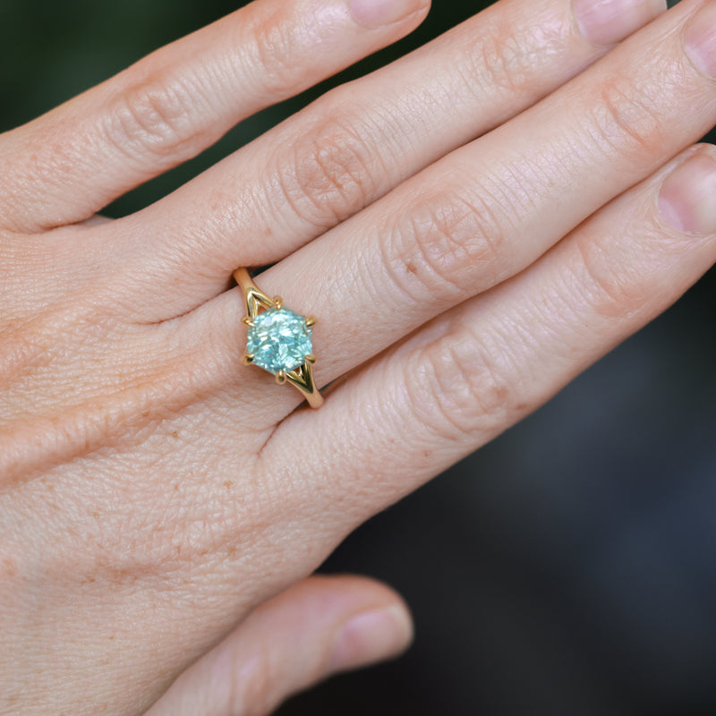 2.60ct Unheated Hexagon Montana Sapphire Low Profile Six Prong Split Shank Solitaire in 18k Yellow Gold