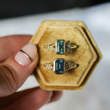 2.15ct Emerald Cut Madagascar Sapphire Wandering Vine Low Profile Bezel Split Shank Ring in 14k Yellow Gold