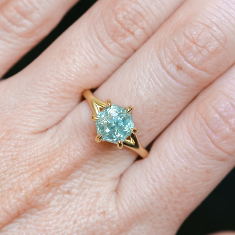 2.60ct Unheated Hexagon Montana Sapphire Low Profile Six Prong Split Shank Solitaire in 18k Yellow Gold